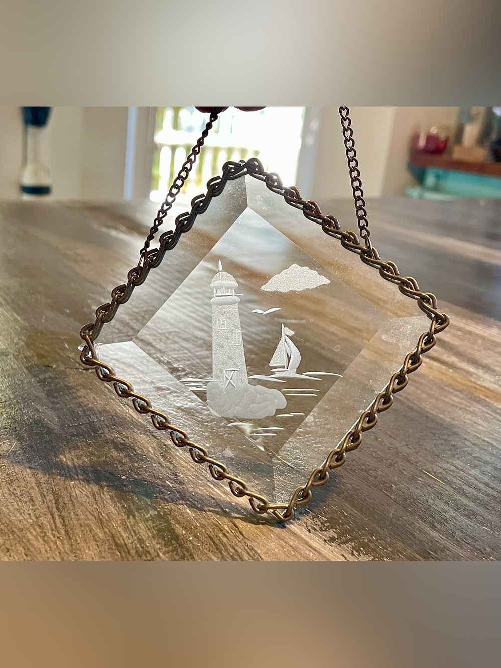 Etched Lighthouse Beveled Glass Suncatcher – Coastal Nautical Décor